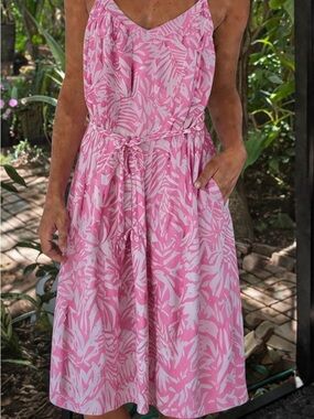 Pink and White Leaf Print Dress 55% Cotton